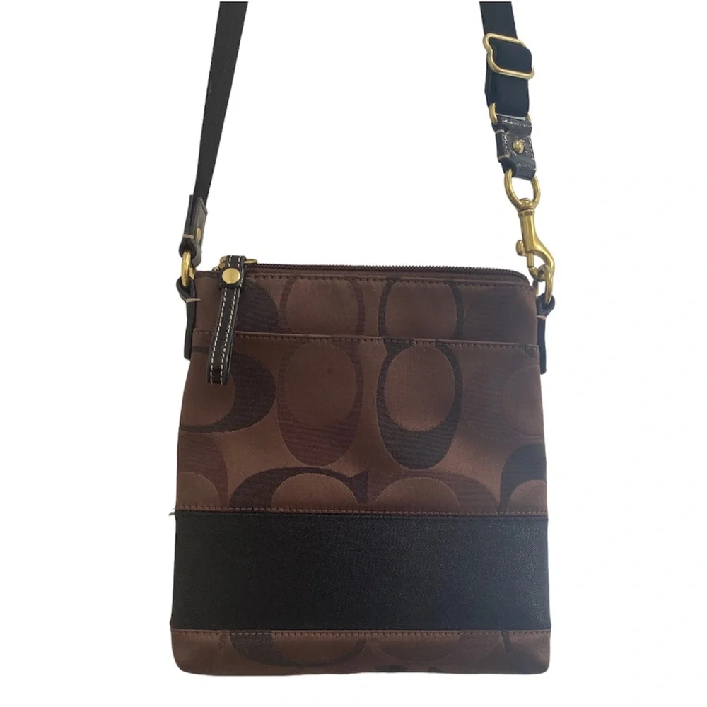 Coach Crossbody Shoulder Bag Brown Black Monogram Slim & Spacious Swingpack